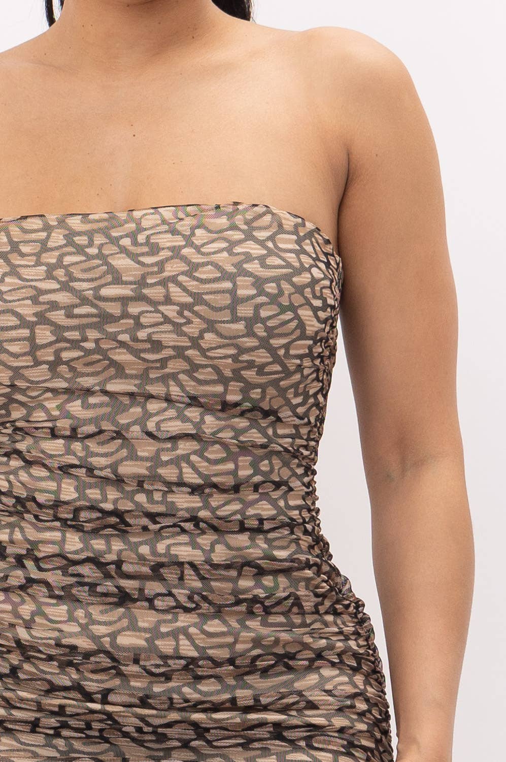 Power Mesh Print Ruched Side Tube Mini Dress