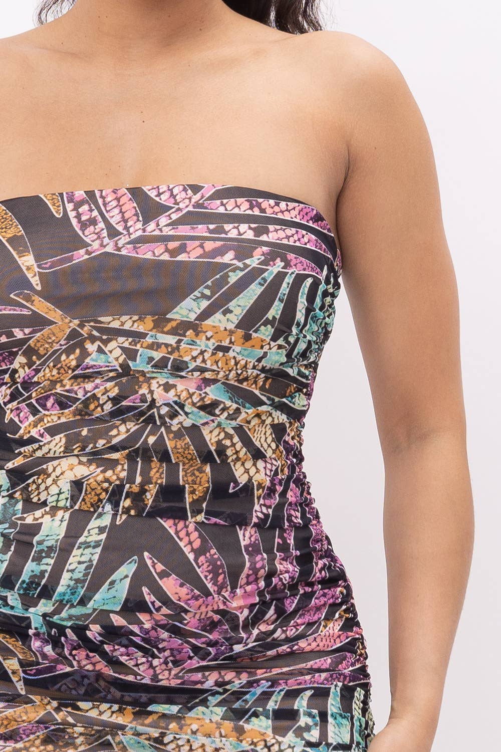 Power Mesh Print Inside Full Lining Ruched Tube Mini Dress