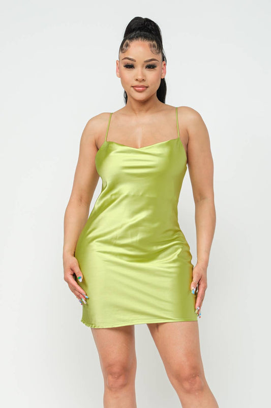 Satin Solid Cowl Neck Spaghetti Strap Bodycon Mini Dress