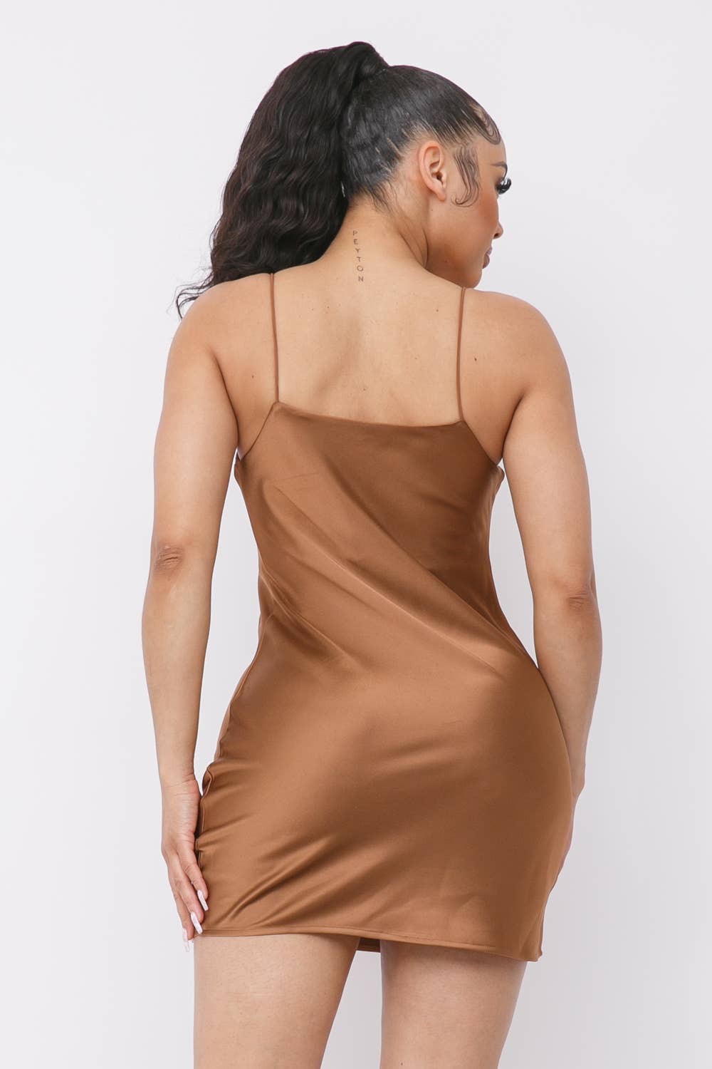 Satin Solid Cowl Neck Spaghetti Strap Bodycon Mini Dress