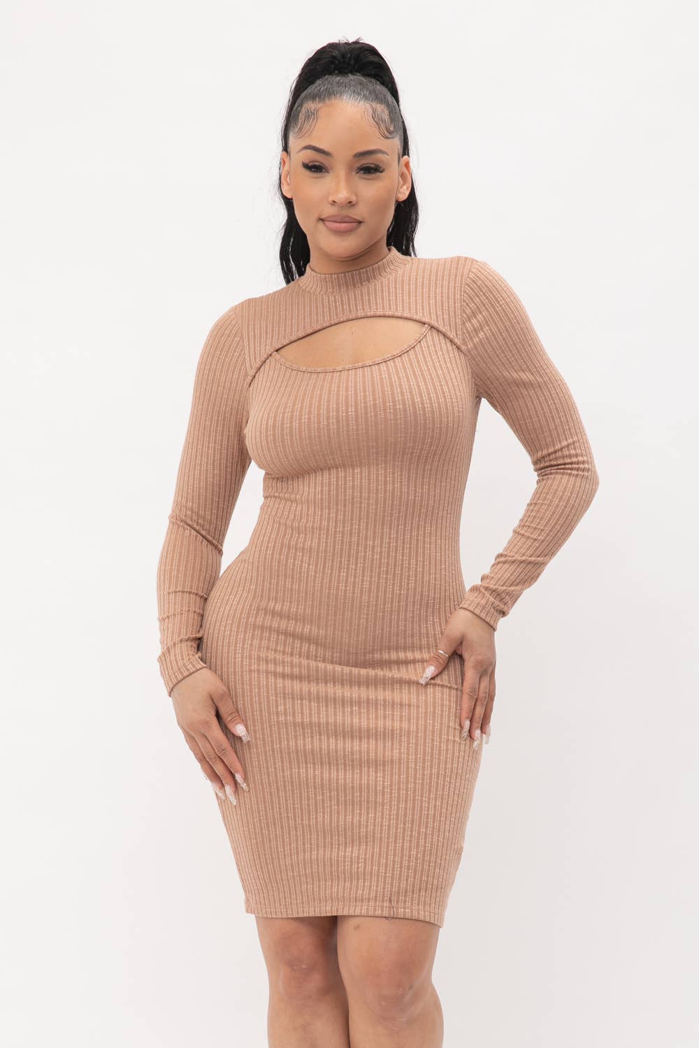Cut Out Pullover Style Mock Neck Midi Dress