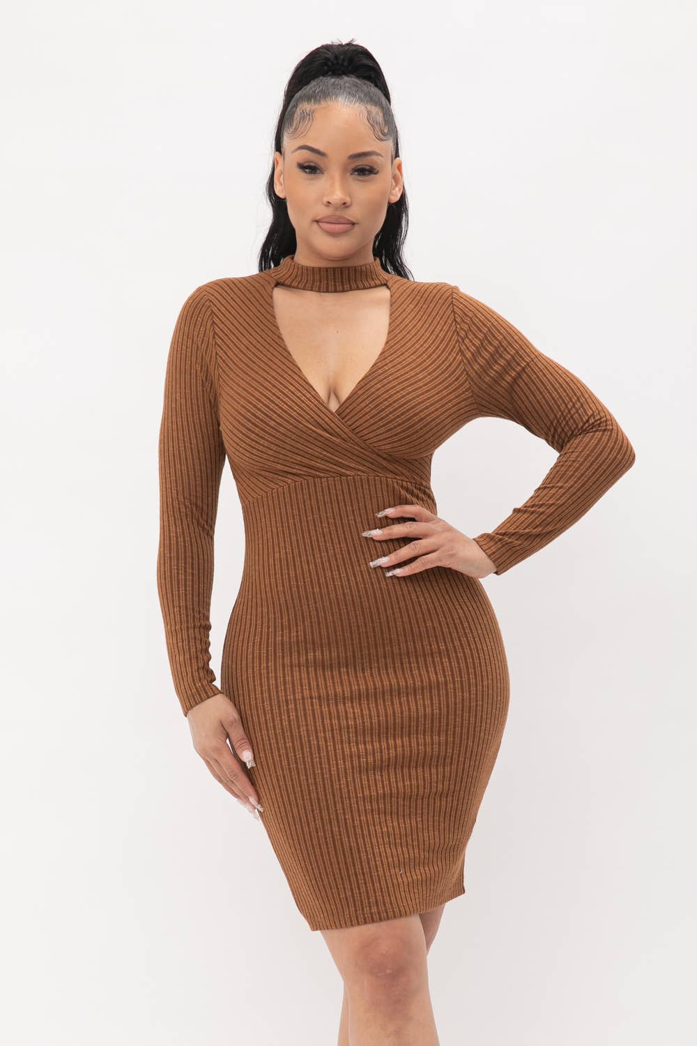 Choker Neck Long Sleeve Surplus Midi Dress