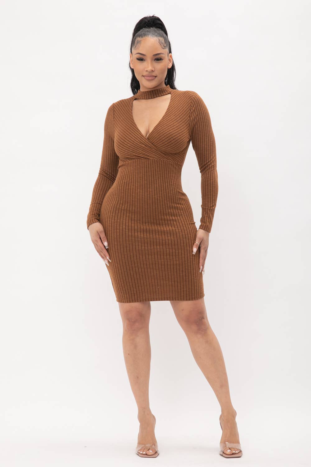 Choker Neck Long Sleeve Surplus Midi Dress