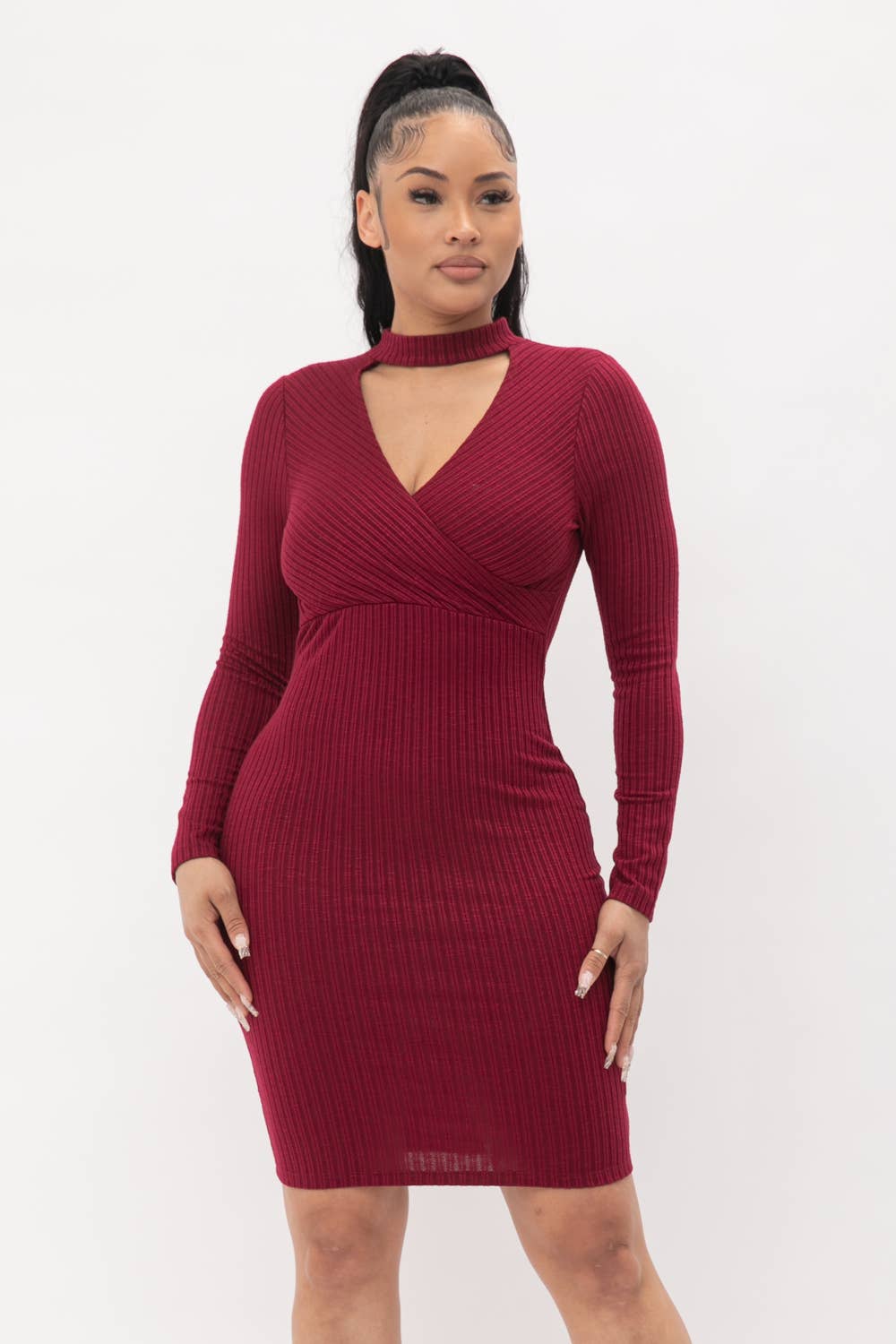 Choker Neck Long Sleeve Surplus Midi Dress
