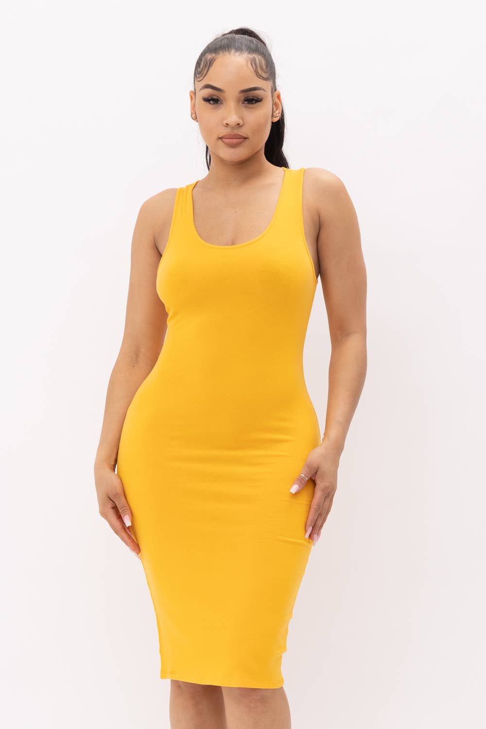 Cotton Spandex Solid Sleeveless Tank Bodycon Midi Dress