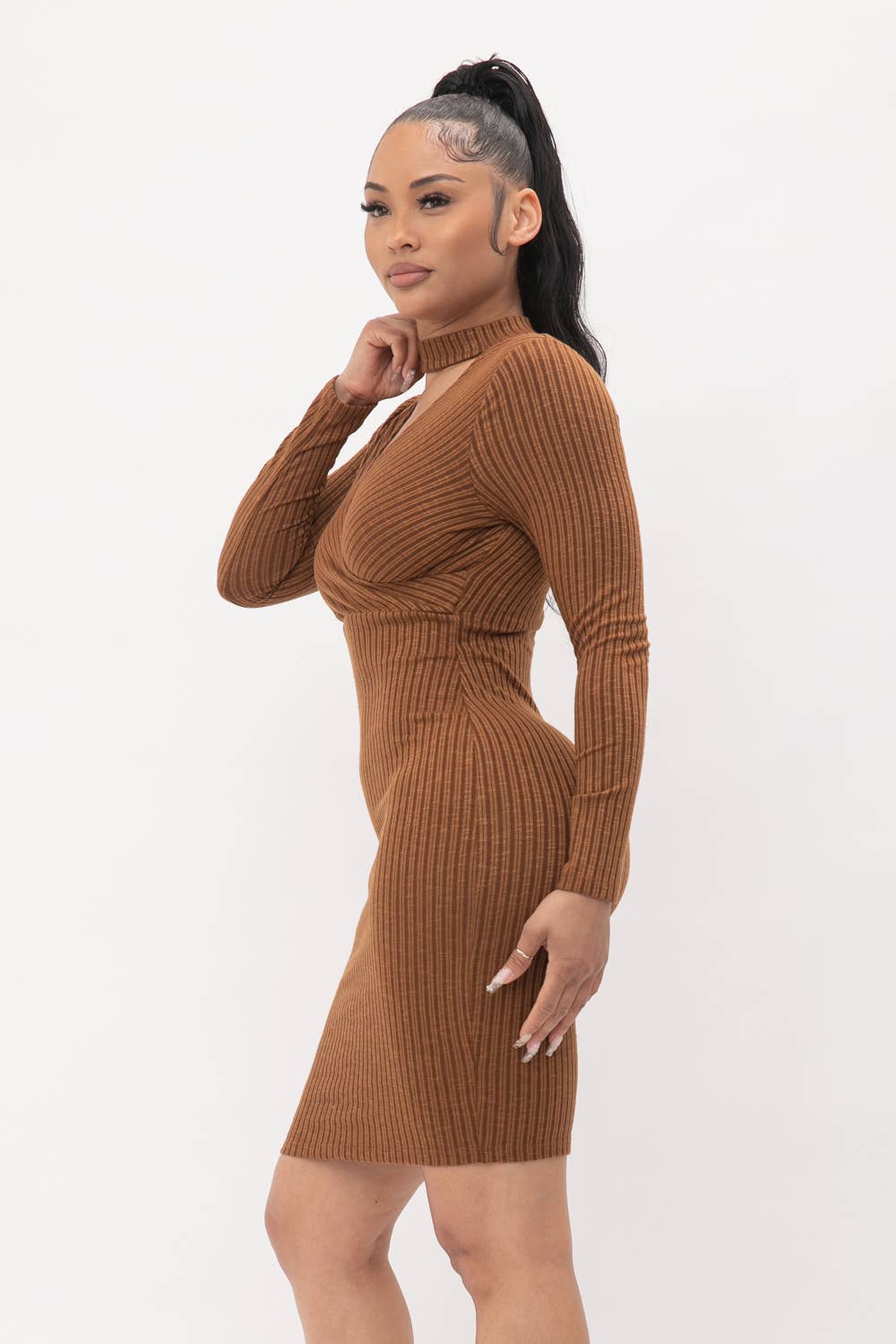 Choker Neck Long Sleeve Surplus Midi Dress