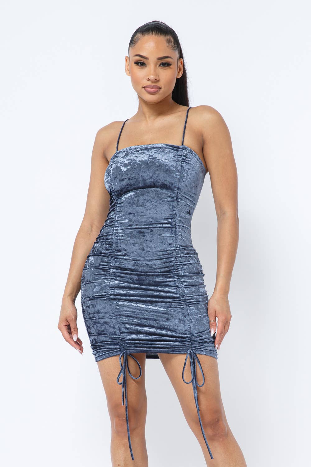 Crushed Velvet Front Shirring Tie Mini Dress