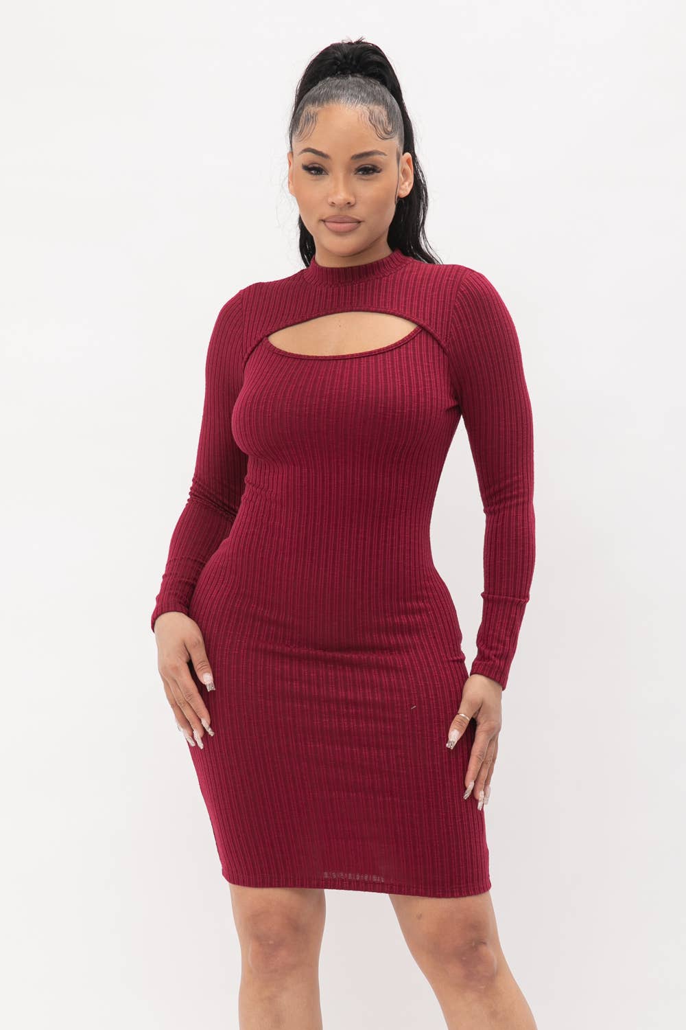 Cut Out Pullover Style Mock Neck Midi Dress