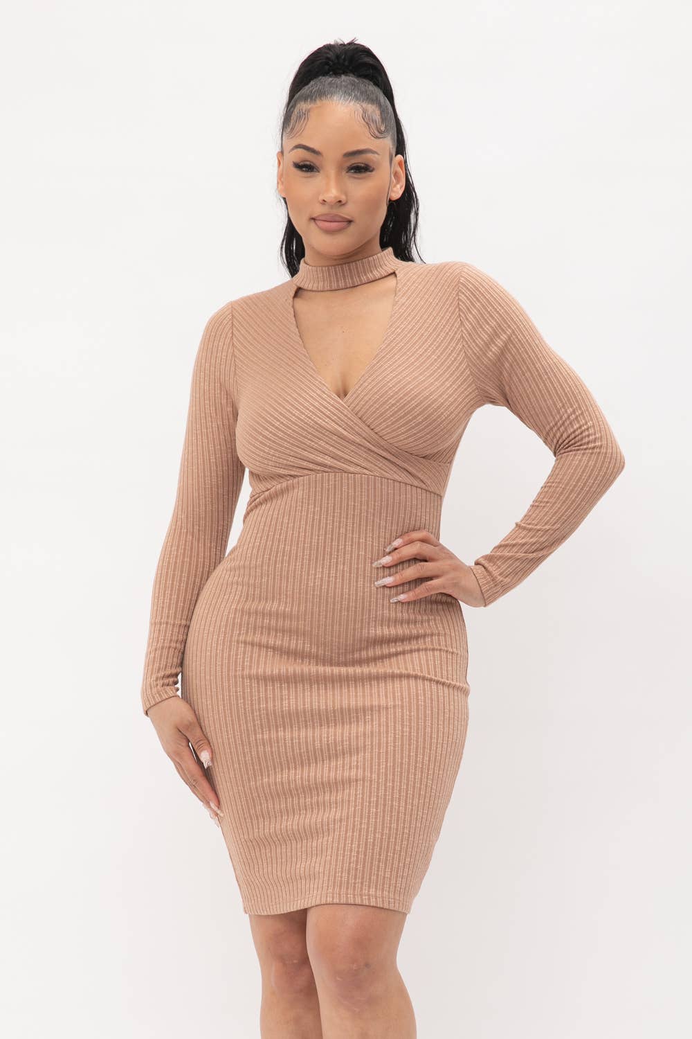Choker Neck Long Sleeve Surplus Midi Dress