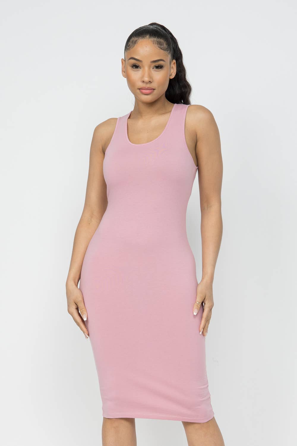 Cotton Spandex Solid Sleeveless Tank Bodycon Midi Dress