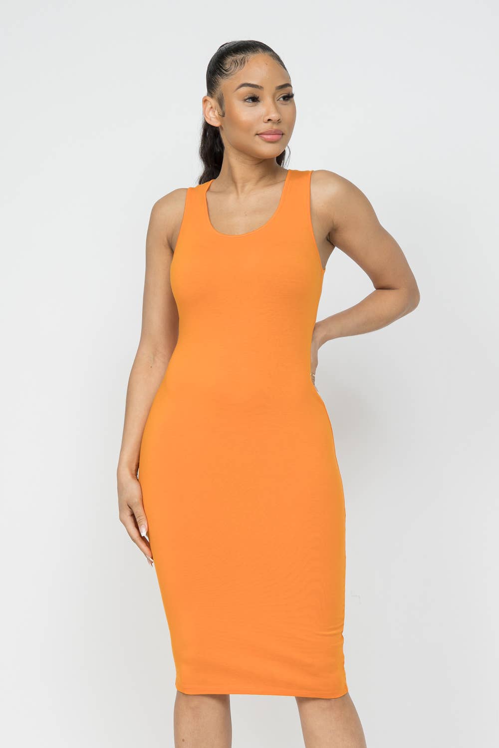 Cotton Spandex Solid Sleeveless Tank Bodycon Midi Dress