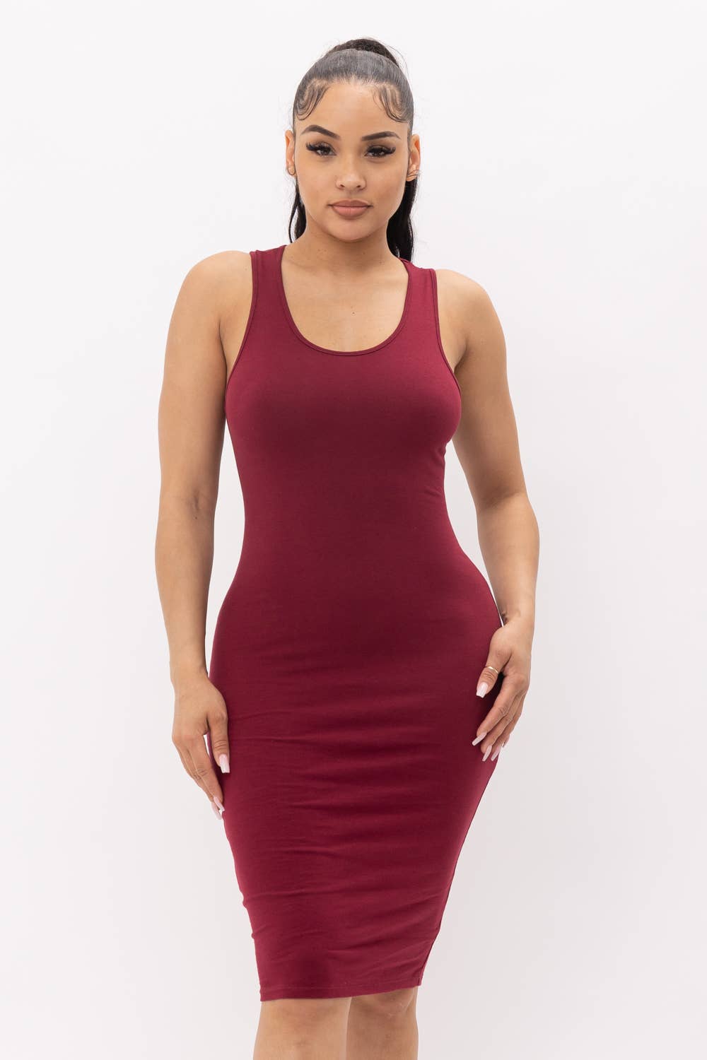 Cotton Spandex Solid Sleeveless Tank Bodycon Midi Dress