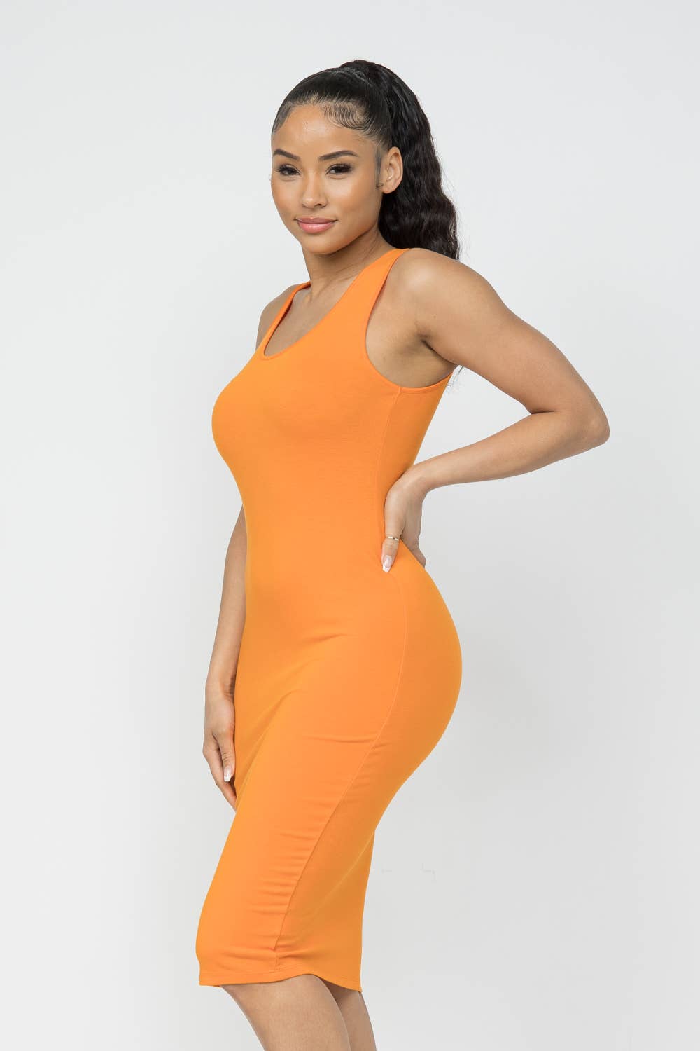 Cotton Spandex Solid Sleeveless Tank Bodycon Midi Dress