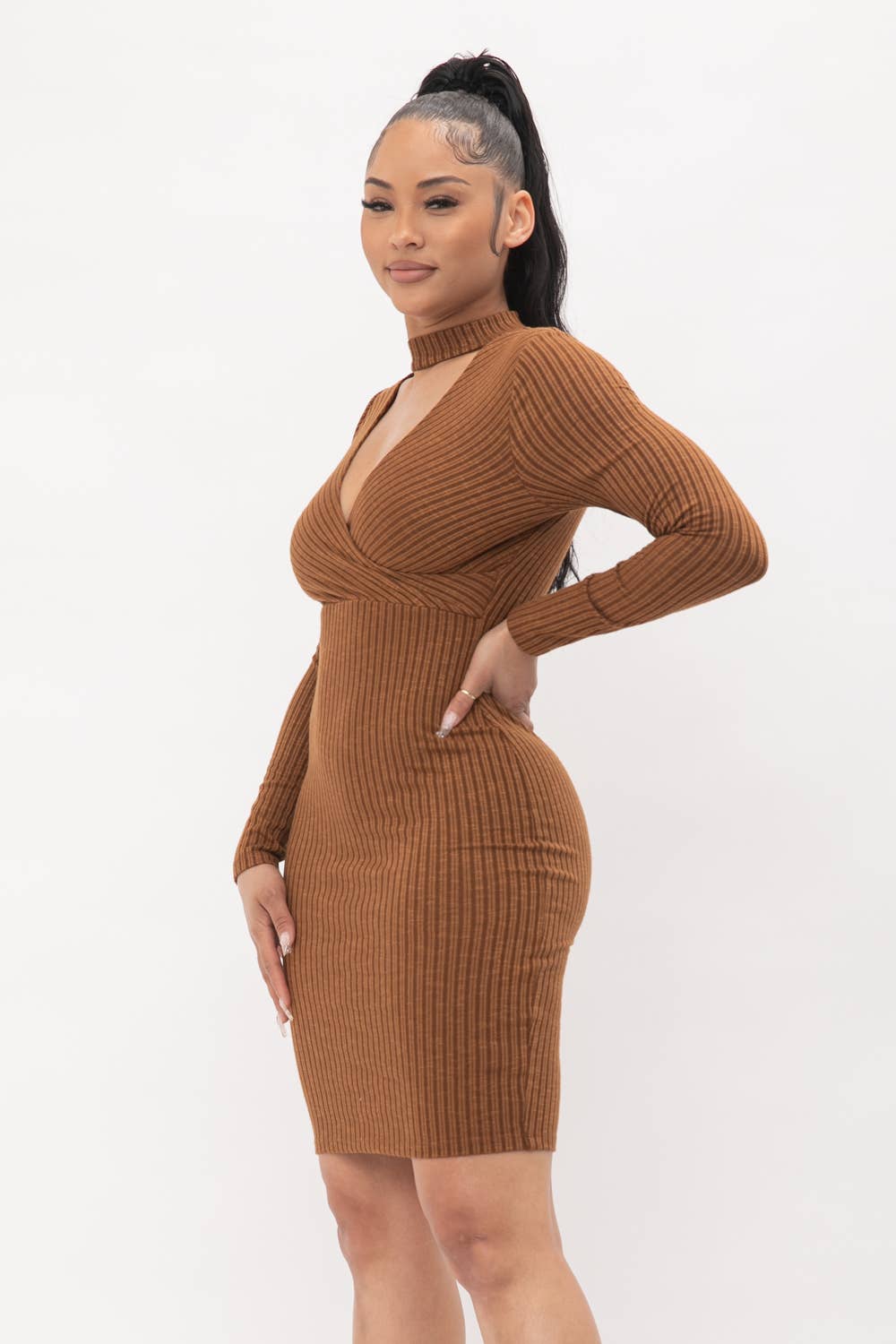 Choker Neck Long Sleeve Surplus Midi Dress