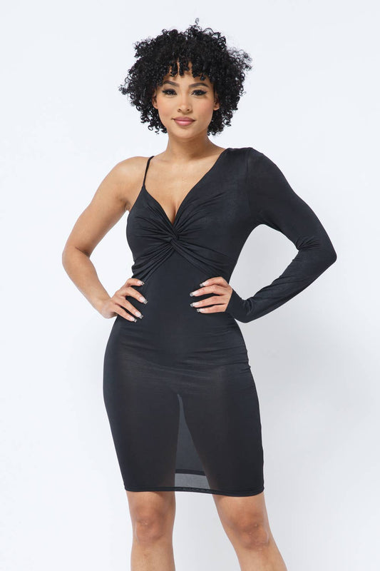 Ice Crushed Twisted Front One Shoulder Midi Dress
