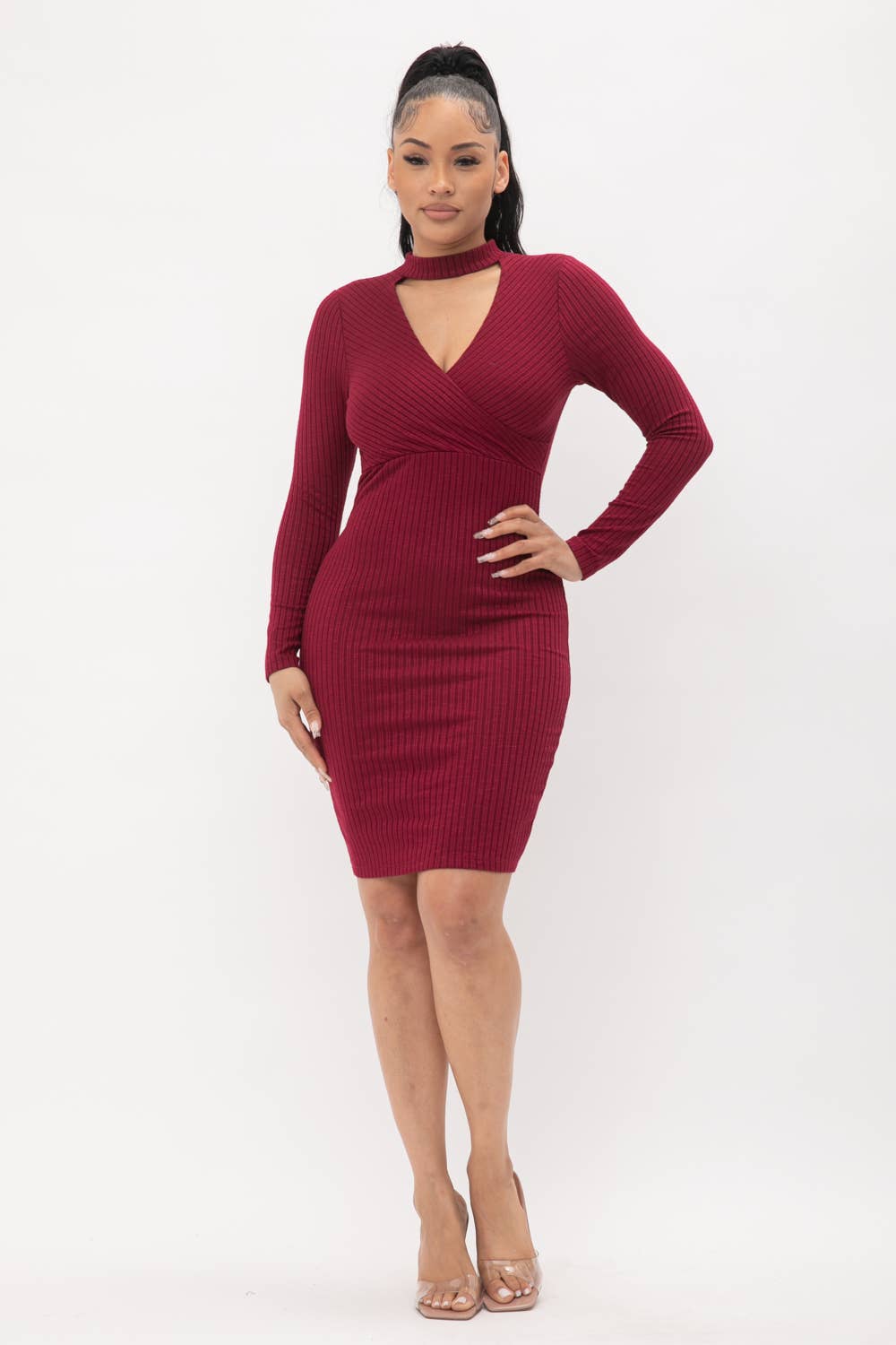 Choker Neck Long Sleeve Surplus Midi Dress