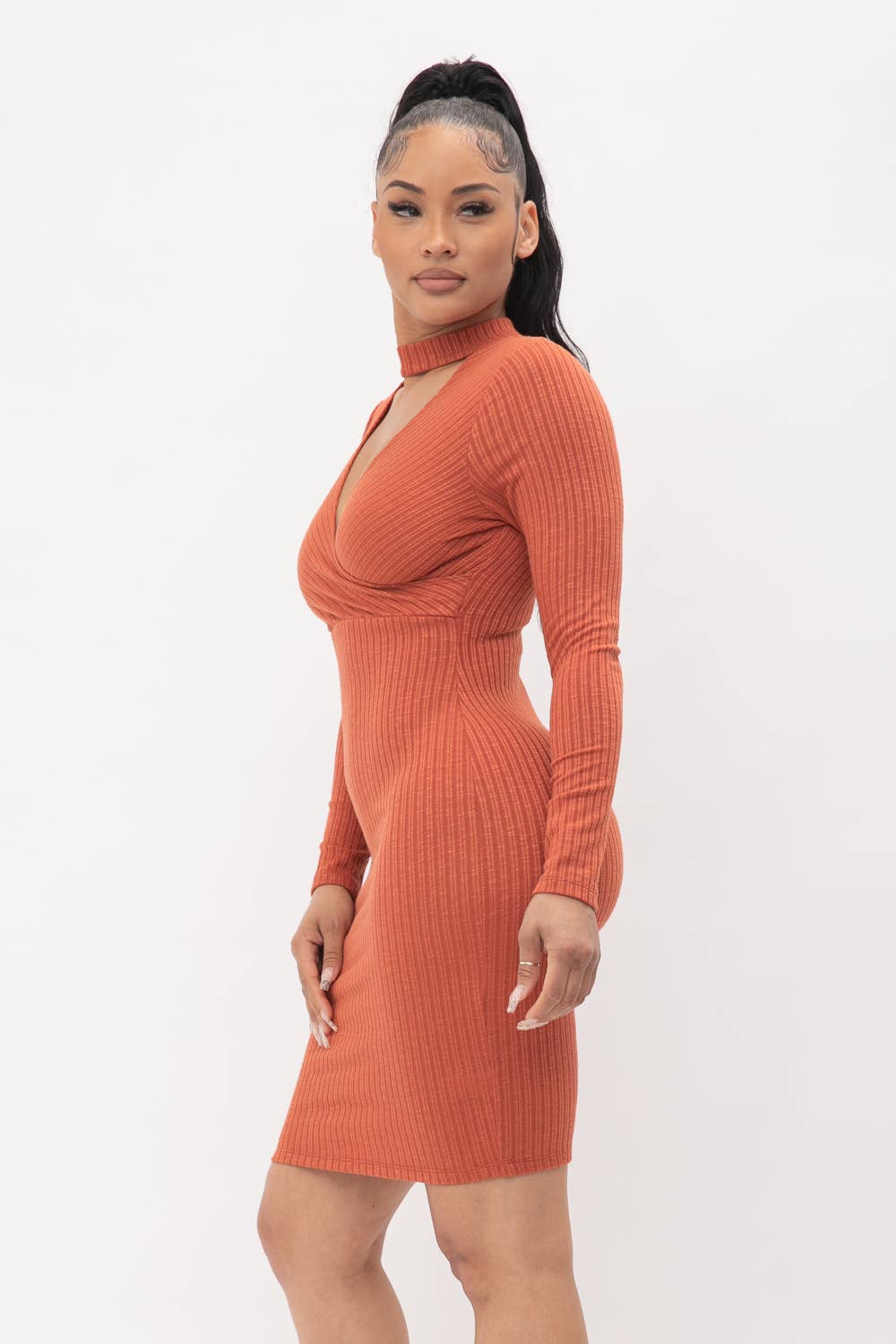Choker Neck Long Sleeve Surplus Midi Dress