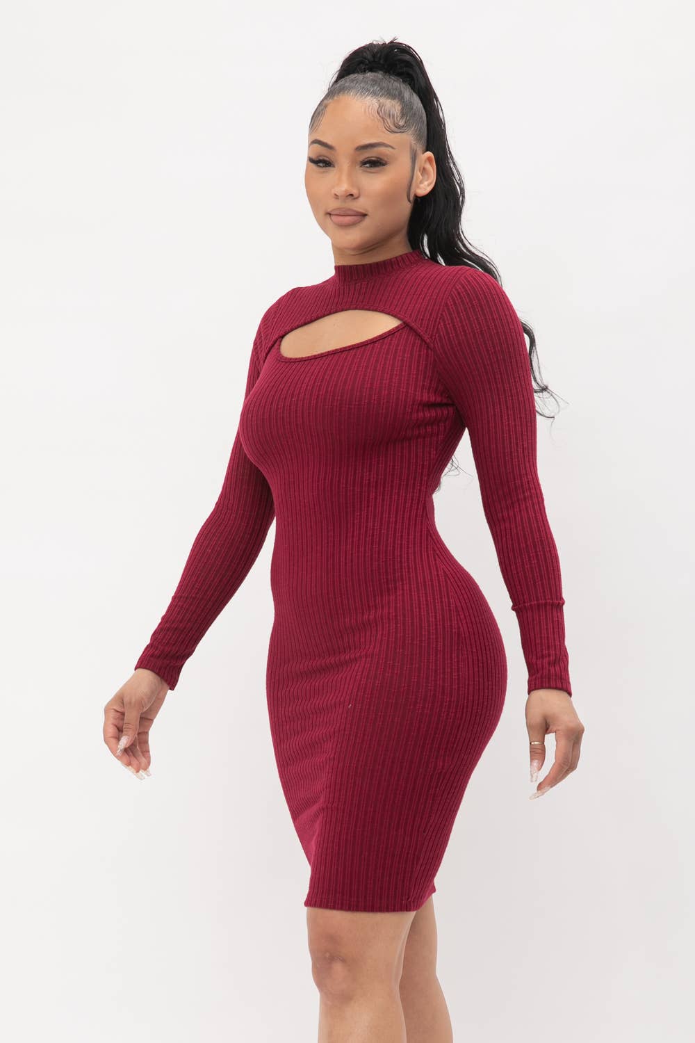 Cut Out Pullover Style Mock Neck Midi Dress