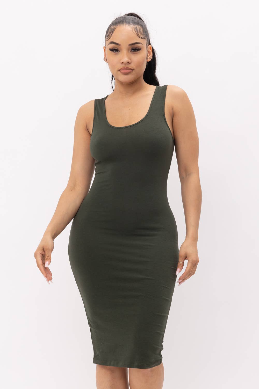Cotton Spandex Solid Sleeveless Tank Bodycon Midi Dress