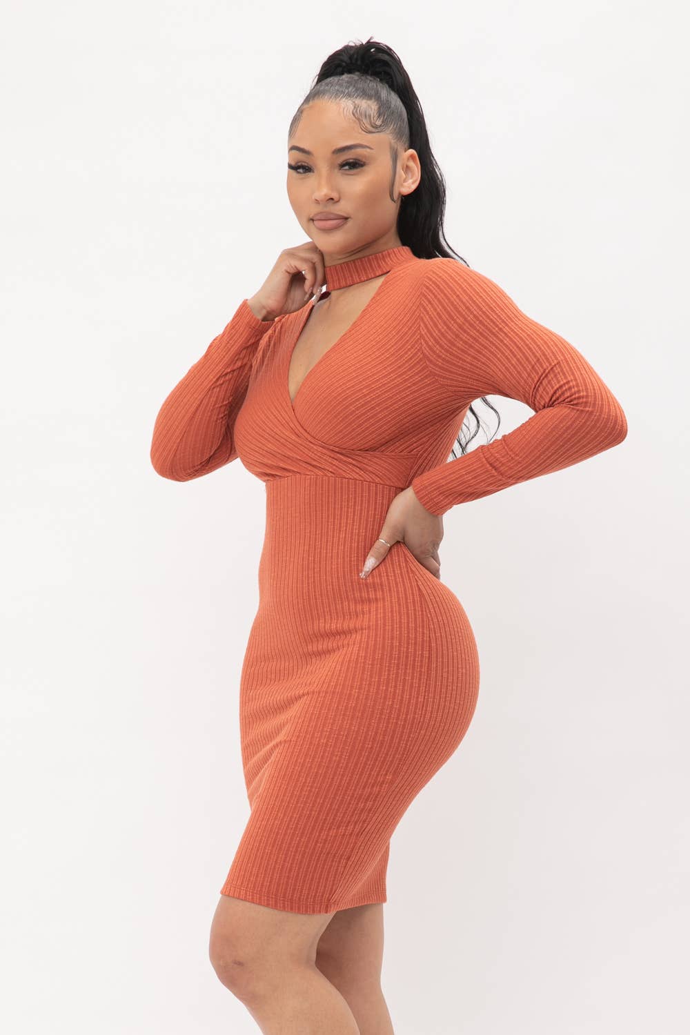 Choker Neck Long Sleeve Surplus Midi Dress