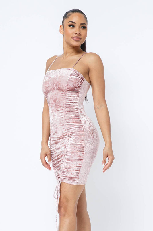 Crushed Velvet Front Shirring Tie Mini Dress