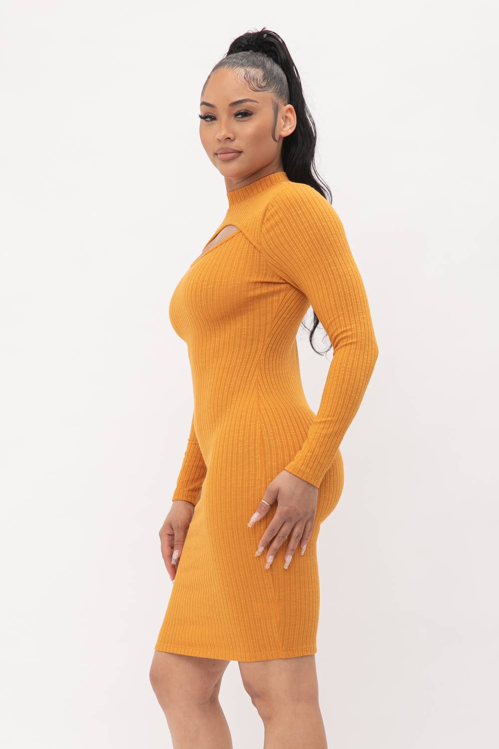 Cut Out Pullover Style Mock Neck Midi Dress