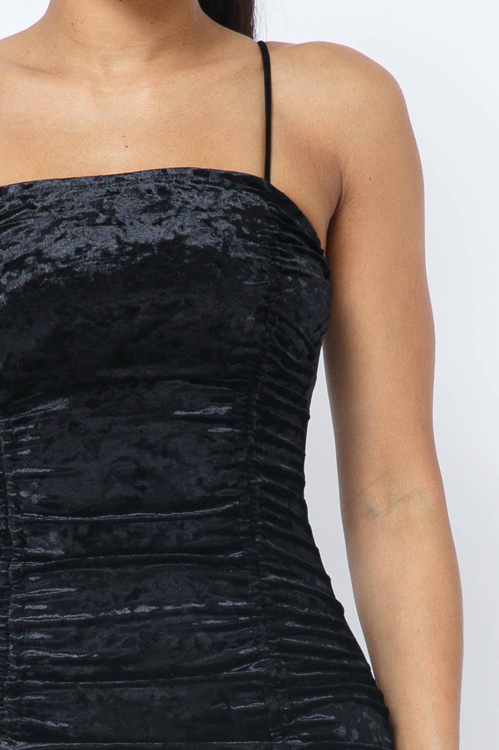 Crushed Velvet Front Shirring Tie Mini Dress