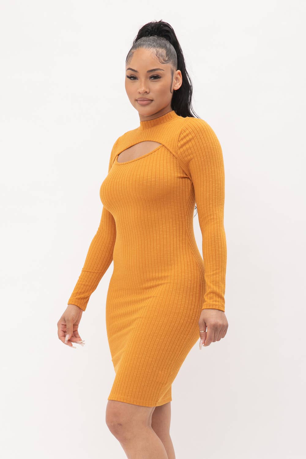 Cut Out Pullover Style Mock Neck Midi Dress