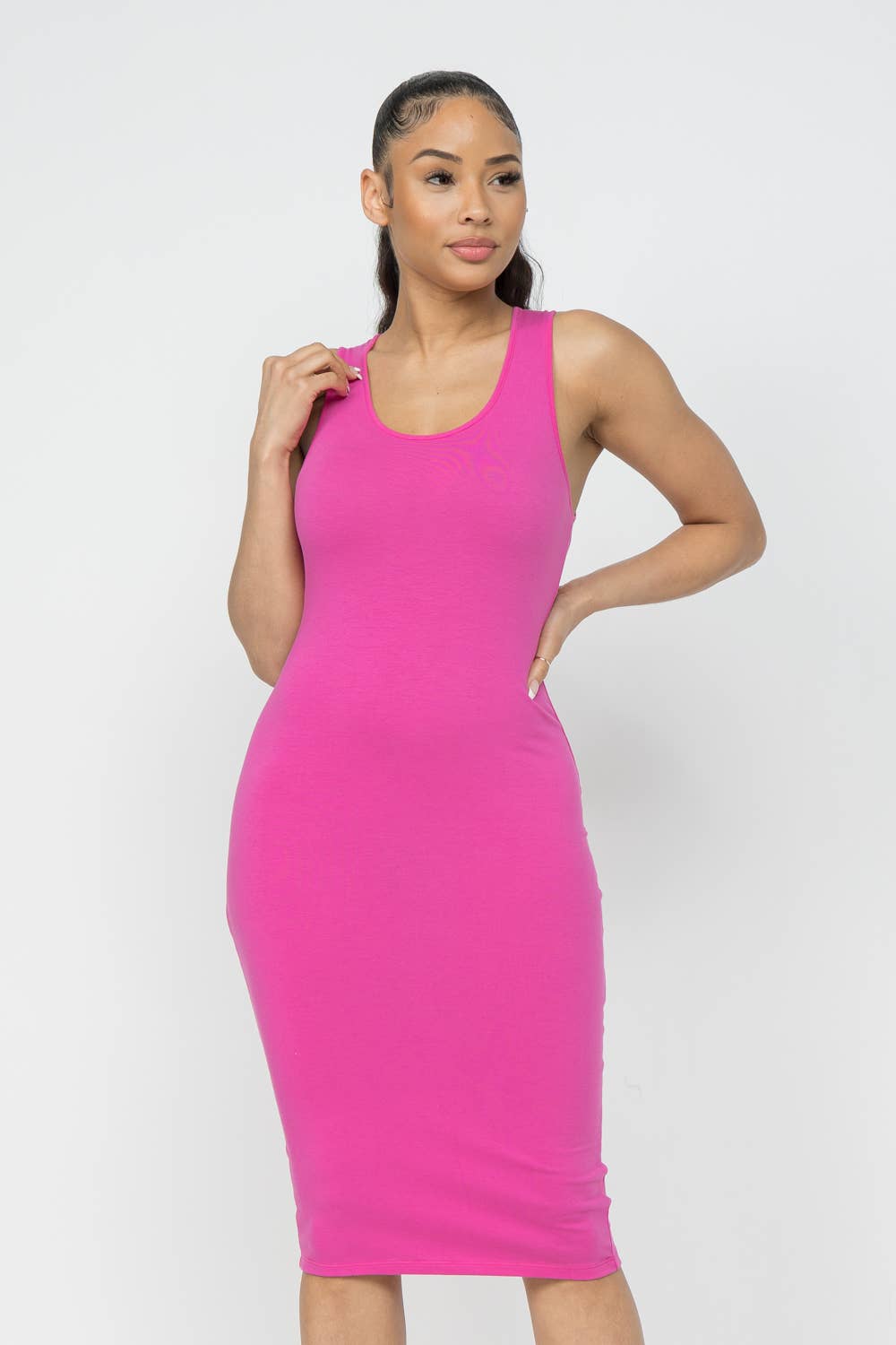 Cotton Spandex Solid Sleeveless Tank Bodycon Midi Dress