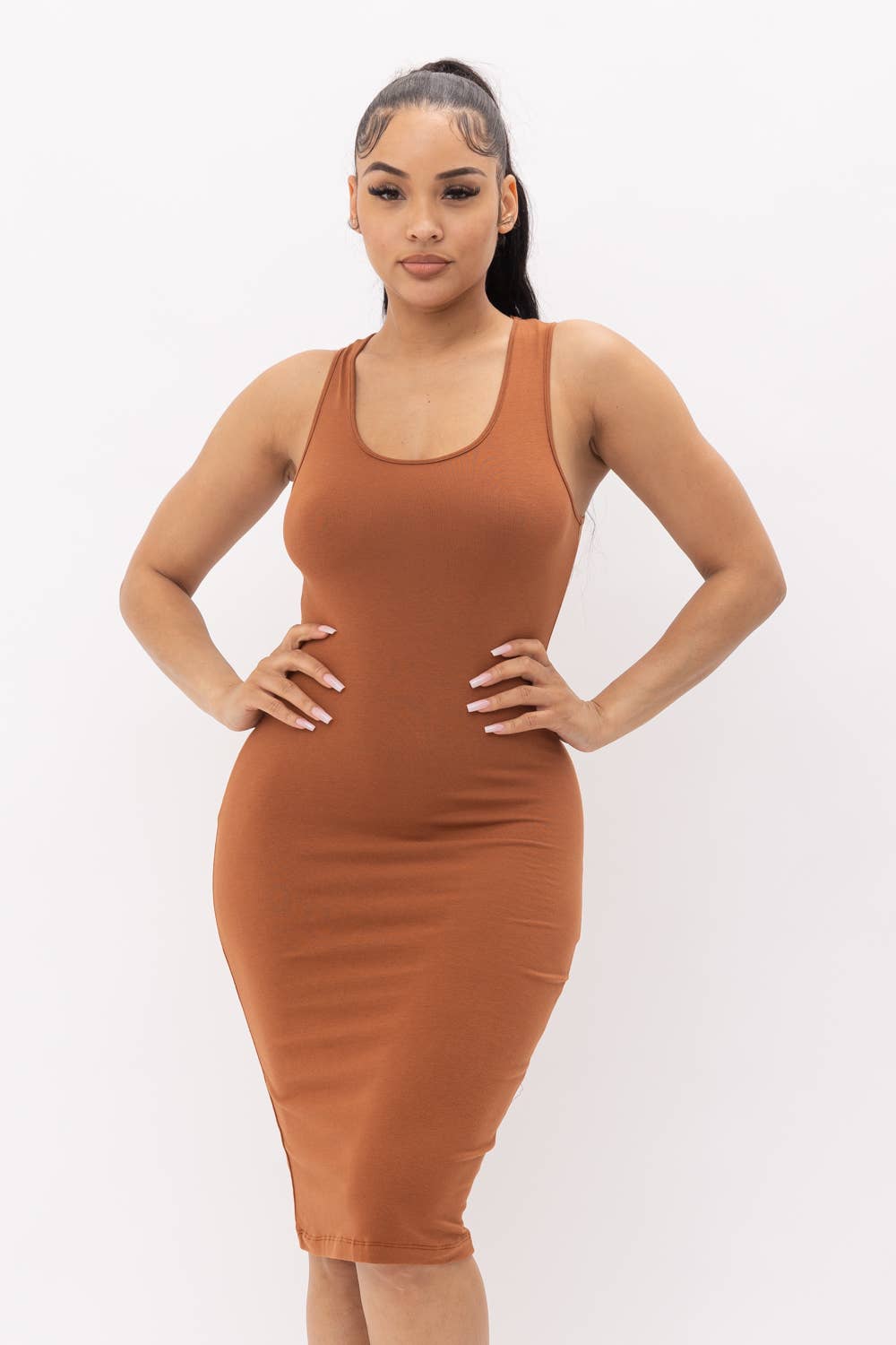 Cotton Spandex Solid Sleeveless Tank Bodycon Midi Dress